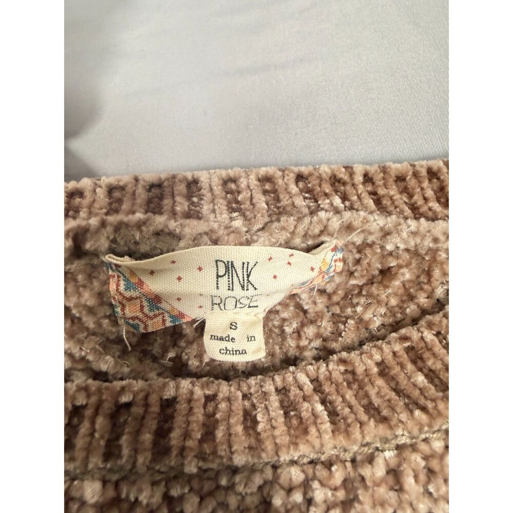 Pink Rose Chenille Sweater Womens Small Tan Beige Diamond Knit Balloon Sleeve S - Picture 3 of 6